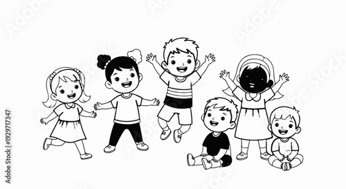 Six cartoon children of diverse appearance are happily playing together