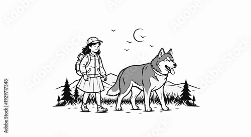 A child with a backpack walks with a husky dog through a scenic outdoor landscape
