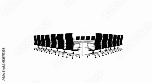 Many office chairs arranged around a conference table in a sterile environment