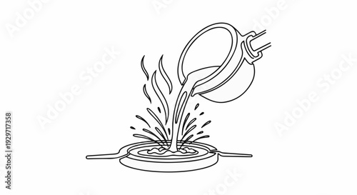 Molten liquid pouring from crucible into mold with flames