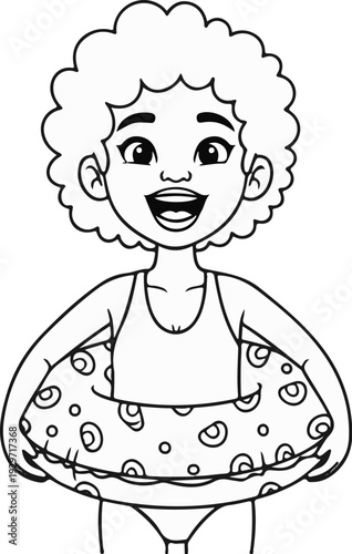 A smiling person in a swimsuit holds a patterned inner tube, ready for a swim