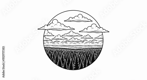 Stylized circular depiction of a dense pine forest under a cloudy sky