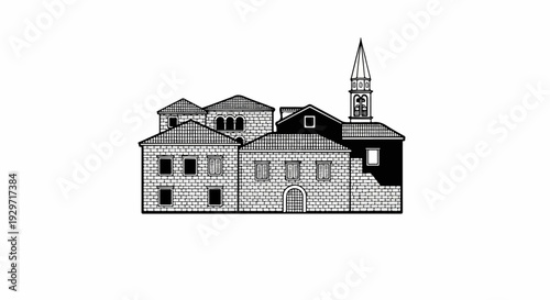 Detailed line drawing of old stone buildings with a prominent bell tower