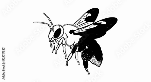 A black and white illustration of a fuzzy bee with detailed wings and abdomen