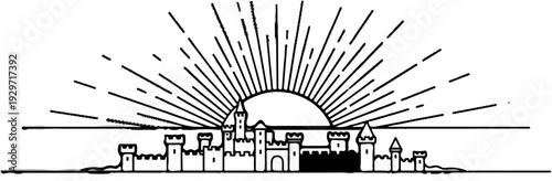 Stylized sunrise behind a medieval castle silhouette, with radiating lines