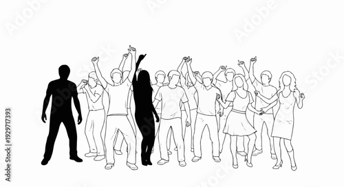 A diverse group of people depicted in a stylized outline, with two figures in solid black