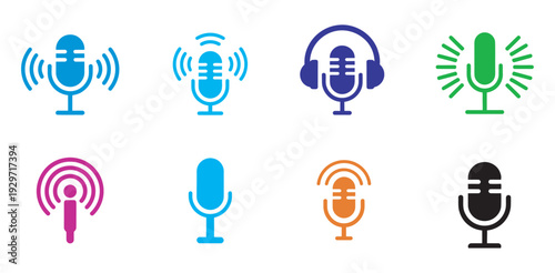 Microphone and Sound Wave Icon Set, Audio Recording, Broadcasting, Music Production Vector Icons Collection