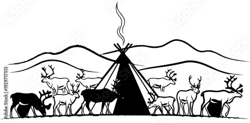 Stylized illustration of reindeer gathered around a conical dwelling in a mountainous landscape