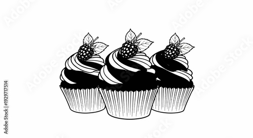 Trio of black and white cupcakes topped with berries and leaves