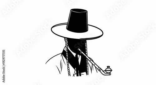 Stylized figure in traditional hat smokes a long pipe, adorned with beads