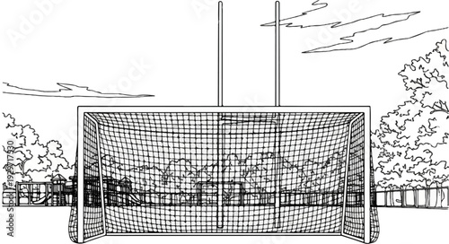 Outdoor scene featuring a goal net with a playground in the background
