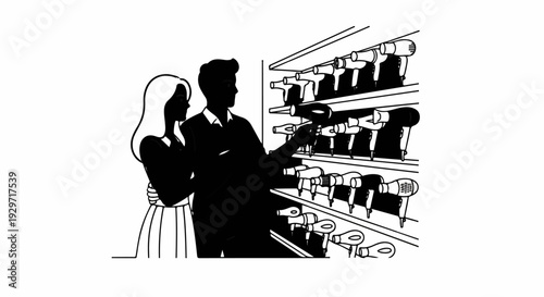 Couple selects hair dryers from a store shelf display of various models