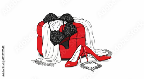 Red pouf with black lace lingerie, white scarf, and red heels