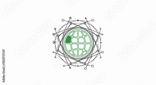 Stylized globe within a network of connecting lines and nodes