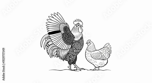 Detailed outline drawing of a proud rooster and a hen standing side by side on the ground