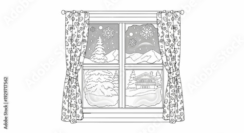 Four pane window with winter scenes and patterned curtains