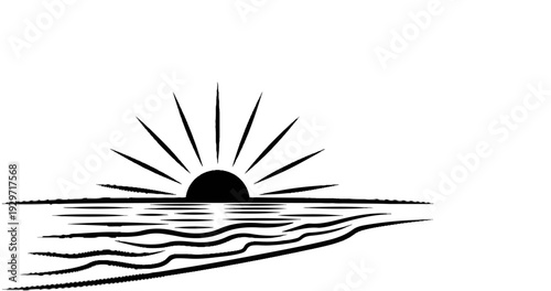 Black and white depiction of a stylized sun rising over wavy water