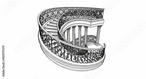 Ornate spiral staircase with classical columns and decorative railings