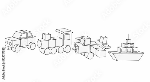 Cartoon outline sketch of a car, train, airplane, and boat