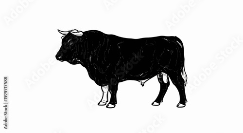 A black bull with white accents stands in profile, facing left