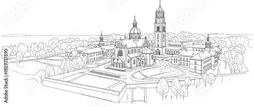 Architectural sketch of a large building complex with a central dome and tall bell tower surrounded by trees