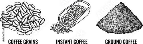 Three illustrations of coffee whole beans, instant granules in a scoop, and ground coffee pile