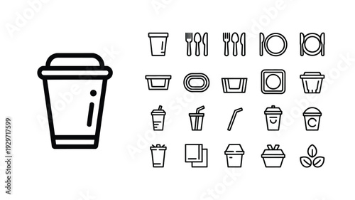 Disposable Tableware Outline Icon Set Single Use Food Packaging Editable Stroke Vector Illustration