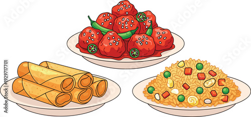 Platters of spicy meatballs with green peppers spring rolls and vegetable fried rice for catering services