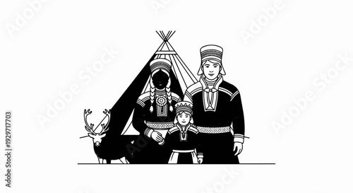 A family with a reindeer and a tent are depicted in traditional attire