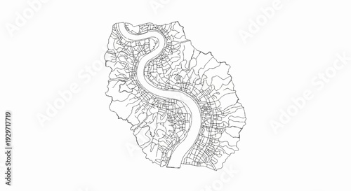 Stylized map featuring a winding river through a city's intricate network of streets