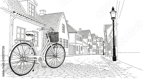 Black and white illustration of a bicycle on a cobblestone street lined with old buildings