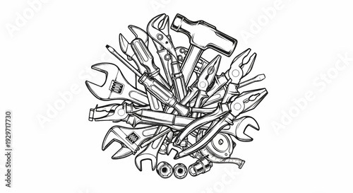A jumbled assortment of hand tools including wrenches, pliers, screwdrivers, and a hammer