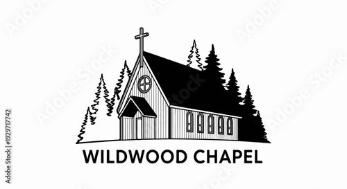 A black and white illustration of a rustic chapel nestled among pine trees