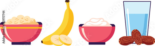Healthy breakfast bowl oatmeal fruit banana yogurt dates water.