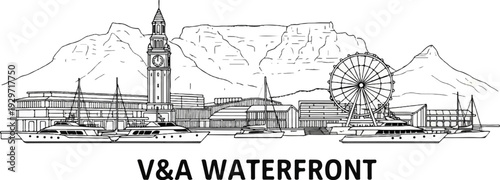 Panoramic sketch of a waterfront cityscape with yachts, mountains, and a Ferris wheel