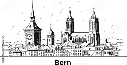 Black and white line art of a European city skyline featuring a clock tower and spires in the rain