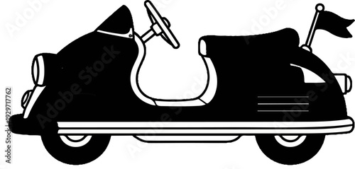 Vintage cartoon vehicle with flag and steering wheel