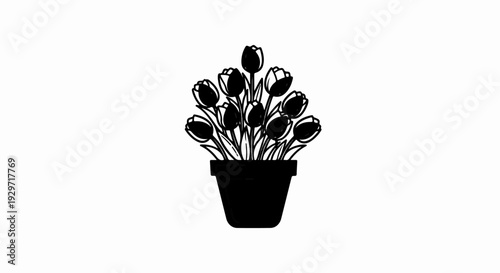Black and white illustration of a potted bouquet of tulips against a white background