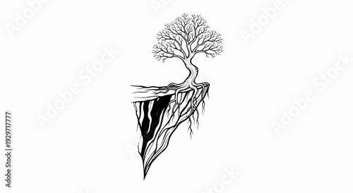 A lone, leafless tree with exposed roots grows precariously on a cliff edge