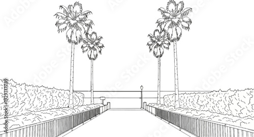 A pathway lined with hedges and palm trees leads to the ocean horizon
