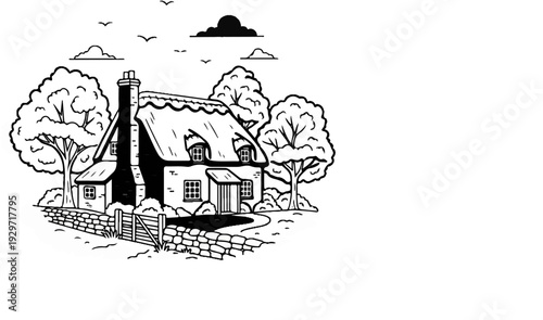 Charming thatched cottage with stone wall, garden gate, and trees under clouds