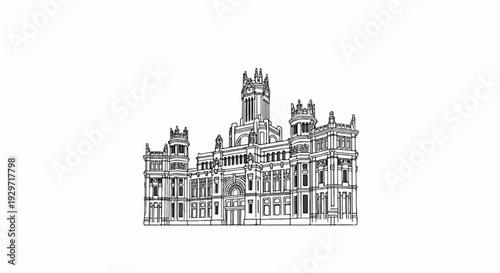Ornate architectural sketch of a grand building with towers and detailed facade