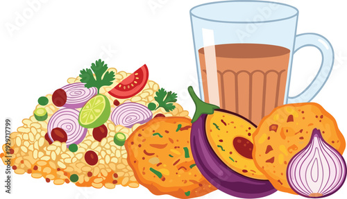 Indian street food dish with rice snacks fried eggplant onion tea.