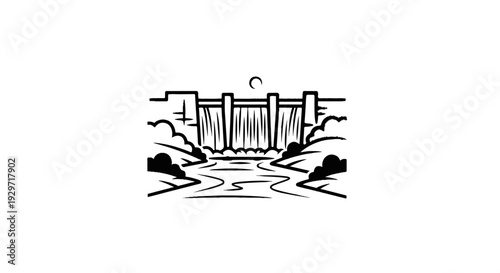 Stylized illustration of a dam with water cascading down and a river flowing away