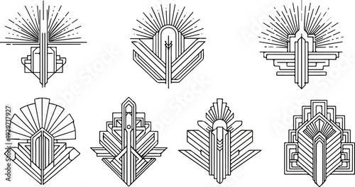 Geometric art deco emblems feature stylized sunbursts and layered architectural forms