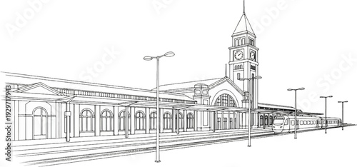 Detailed line drawing of a train station with a clock tower and awaiting train
