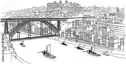 Arch bridge spans a river with boats, leading to a hillside city of buildings