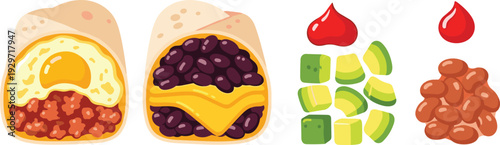 Burrito variety set featuring breakfast eggs black beans cheese salsa avocado chunks and beans collection