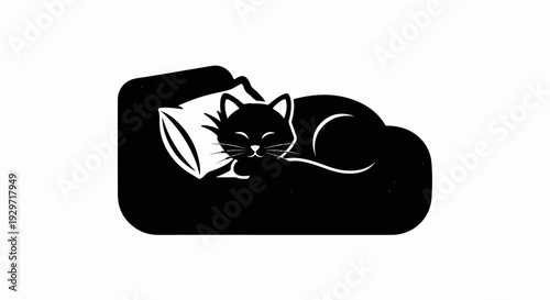 A black cat rests peacefully on a white pillow on a simple bed