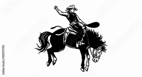 A black and white illustration of a cowboy riding a bucking horse